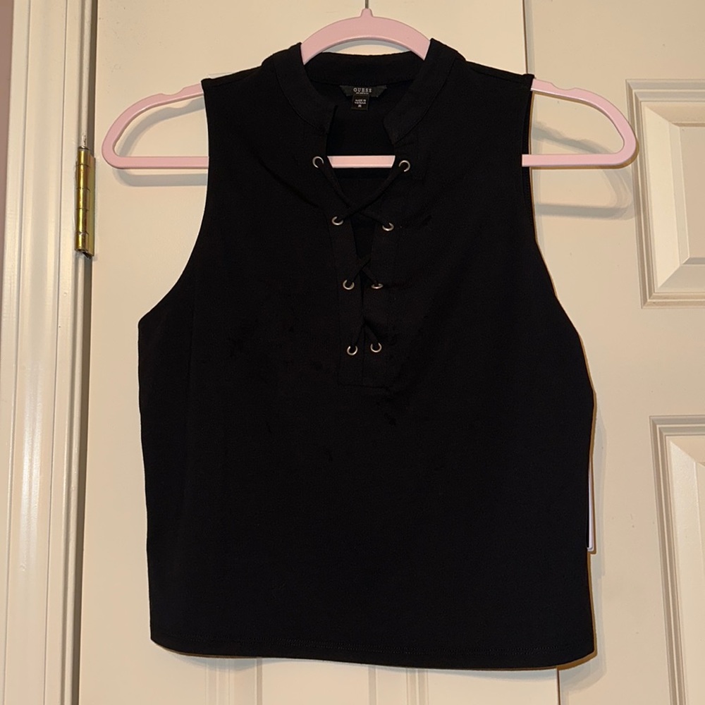 GUESS Jet Black M SL Callista Lace Up Crop Top
